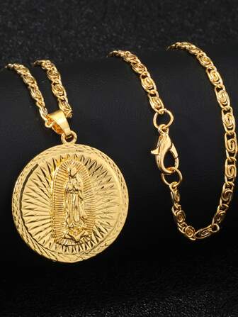 1pc Women's Fashionable Gold-Color Maria Pattern Round Pendant Necklace