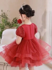 Vestido rojo de manga corta bordado para chica joven para cena - Rojo - Ver 4