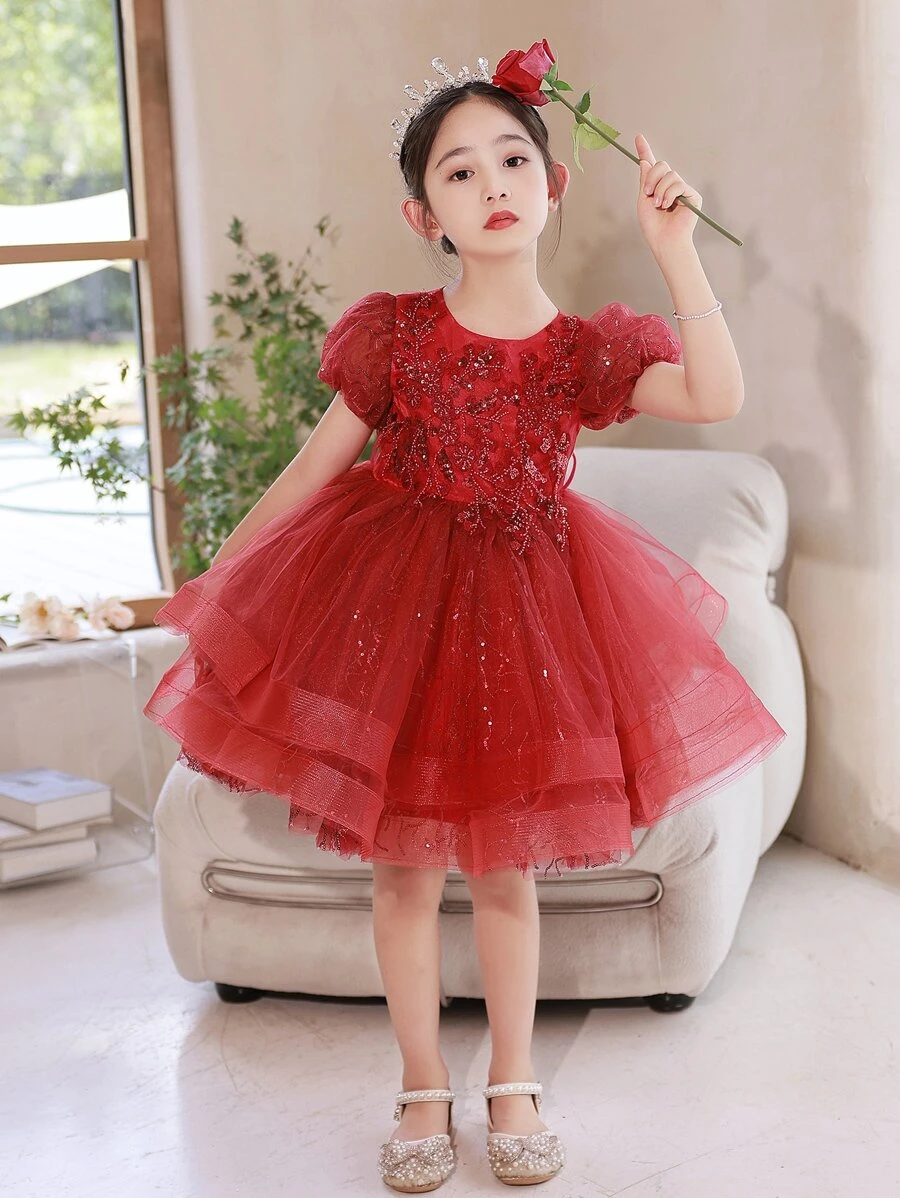 Vestido rojo de manga corta bordado para chica joven para cena - Rojo - Ver 1