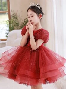 Vestido rojo de manga corta bordado para chica joven para cena - Rojo - Ver 2