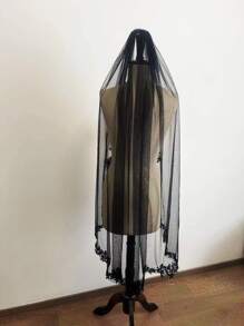 Short Black Lace Bridal Headpiece Veil - Black - View 2