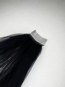 Short Black Lace Bridal Headpiece Veil - Black - View 4