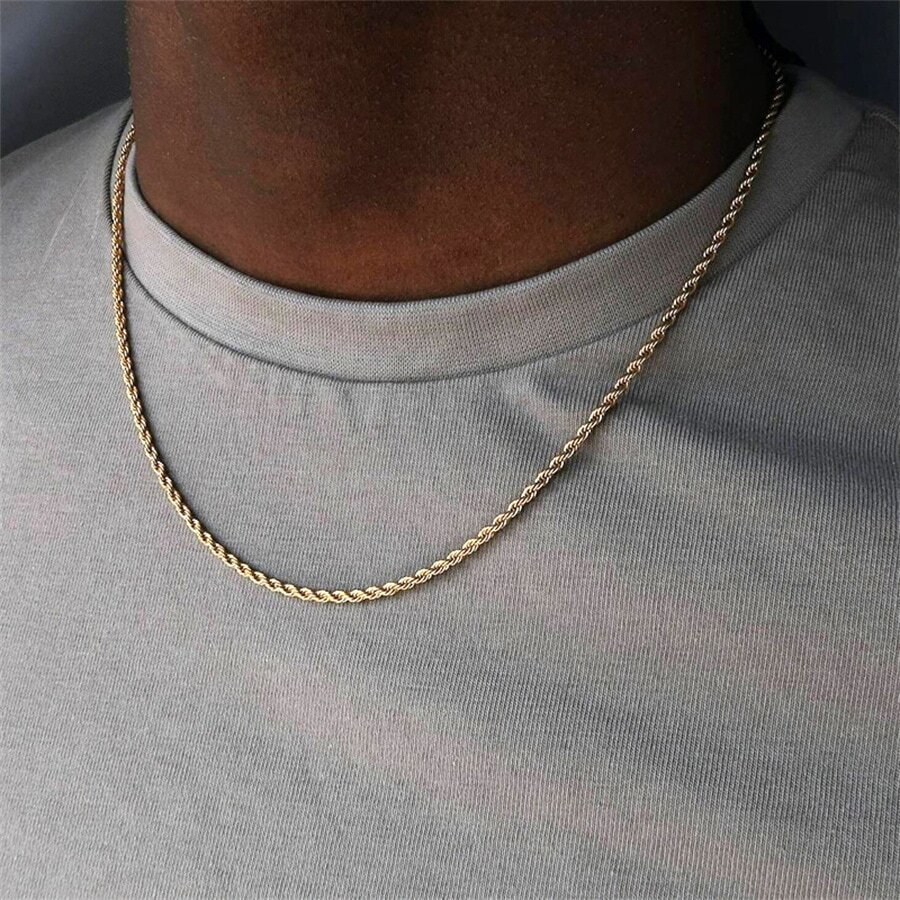 Classic Rope Chain Men Necklace Width 3MM Stainless Steel Chain Necklace For Men - Yellow Gold - View 1