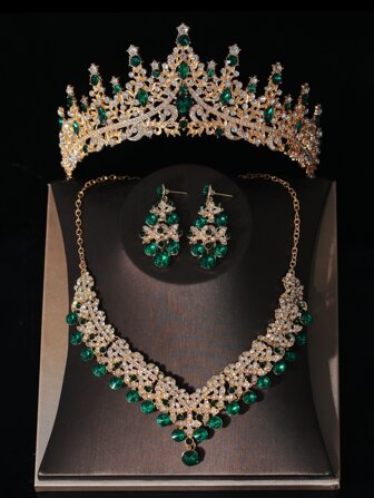 1 Set Women's Classic Green Rhinestone Decor Bridal Crown, Necklace, Earrings Wedding Dress Accessories Royal Tiaras
