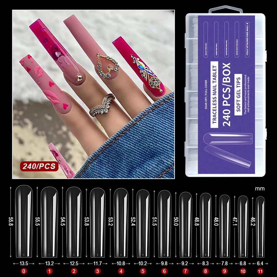 240入組全罩方形超長XXXL假指甲延長軟凝膠尖無痕亞克力透明按壓假指甲 - 無色 - 查看 1