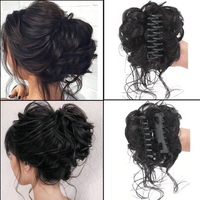 假髮女士凌亂髮髻髮飾女士波浪捲曲髮夾頭髮包裹合成纖維髮髻爪髮夾