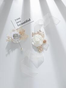 1朵玫瑰合金高档胸花和1朵玫瑰合金高档腕花组合，适合婚礼装饰、夏季、珠宝佩戴。 - 彩色 - 查看 3