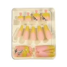 48入組短棺材造型假指甲適用於手指和短正方形假指甲適用於腳趾帶黃色色調果凍膠水2入組,指甲銼1入組和木棒1入組 - 黃色 - 查看 4