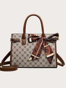 2pcs/Set Full Print Fashionable Bow Skinny Scarf Decorated Tote & Clutch Bag - Multicolor - View 3