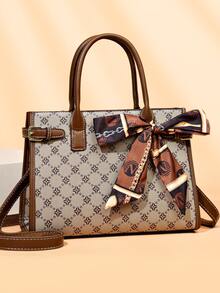 2pcs/Set Full Print Fashionable Bow Skinny Scarf Decorated Tote & Clutch Bag - Multicolor - View 6