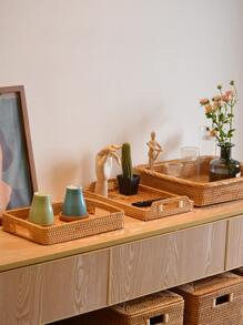 1pc Rattan Tray, Woven Design Food Storage Tray For Home - Khaki - View 2