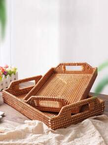 1pc Rattan Tray, Woven Design Food Storage Tray For Home - Khaki - View 1