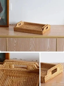 1pc Rattan Tray, Woven Design Food Storage Tray For Home - Khaki - View 4