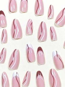 提升你的風格帶24入組長款杏仁極簡白色棕色的條紋圖案法式強力遮瑕假指甲套裝適合派對約會購物 - 彩色 - 查看 3