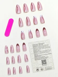 提升你的風格帶24入組長款杏仁極簡白色棕色的條紋圖案法式強力遮瑕假指甲套裝適合派對約會購物 - 彩色 - 查看 2