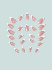 24pcs Medium Long Almond Shaped Minimalist White French Full Cover False Nails, Suitable For Ladies And Girls French Tip Press On Nails Nail Supplies - White - View 6