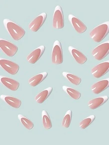24pcs Medium Long Almond Shaped Minimalist White French Full Cover False Nails, Suitable For Ladies And Girls French Tip Press On Nails Nail Supplies - White - View 3