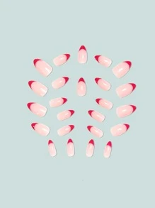 添加一點浪漫：24入組/套中長杏仁形法式全覆蓋假指甲簡單紅色適合女士和女孩 - 紅色 - 查看 6