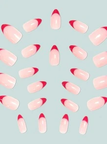 添加一點浪漫：24入組/套中長杏仁形法式全覆蓋假指甲簡單紅色適合女士和女孩 - 紅色 - 查看 3