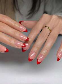 添加一點浪漫：24入組/套中長杏仁形法式全覆蓋假指甲簡單紅色適合女士和女孩 - 紅色 - 查看 1