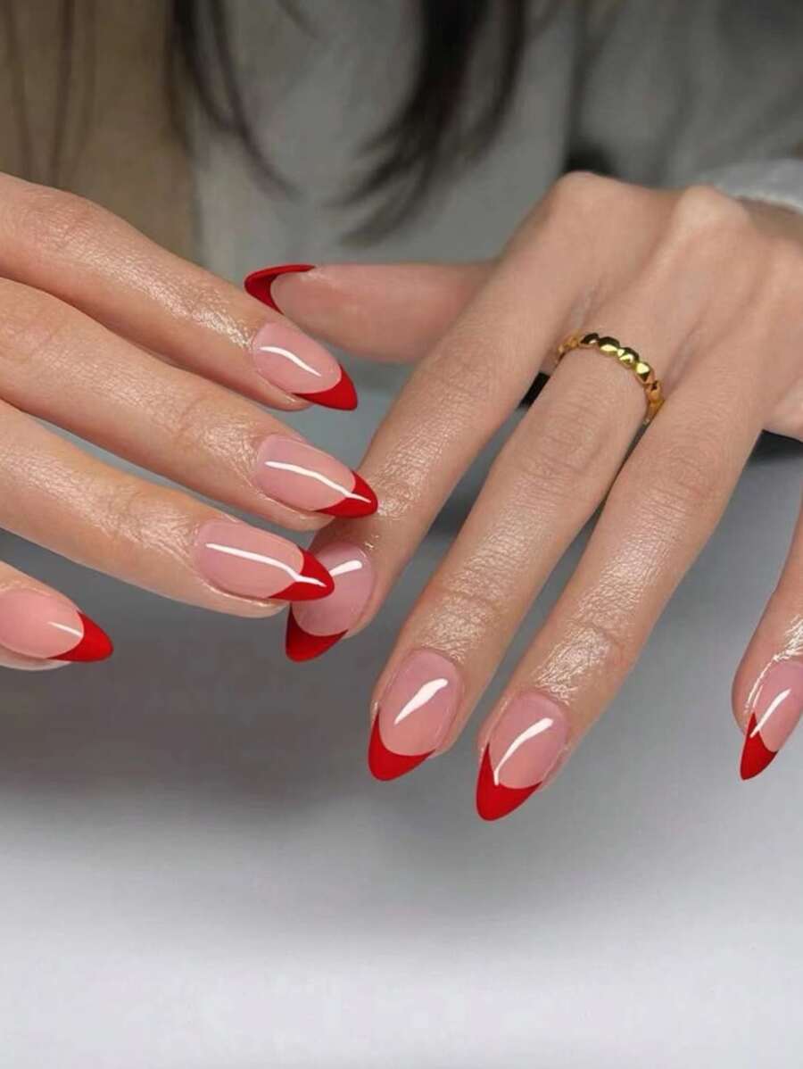 添加一點浪漫：24入組/套中長杏仁形法式全覆蓋假指甲簡單紅色適合女士和女孩 - 紅色 - 查看 1