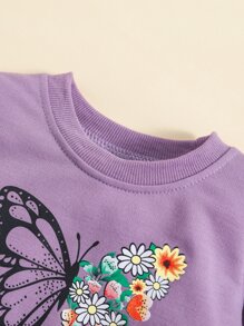 女童紫色蝴蝶印花運動衫套裝,口袋,長袖,長褲款式,適用於秋冬季 - 紫色 - 查看 3