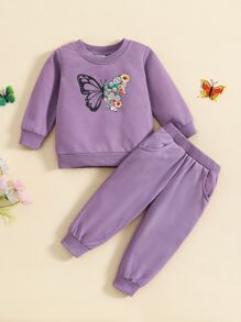 女童紫色蝴蝶印花運動衫套裝,口袋,長袖,長褲款式,適用於秋冬季 - 紫色 - 查看 1