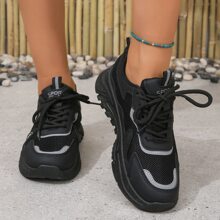 2023夏季透氣爸爸鞋適合女士,休閒風格運動老爹鞋帶厚 - 黑色 - 查看 1