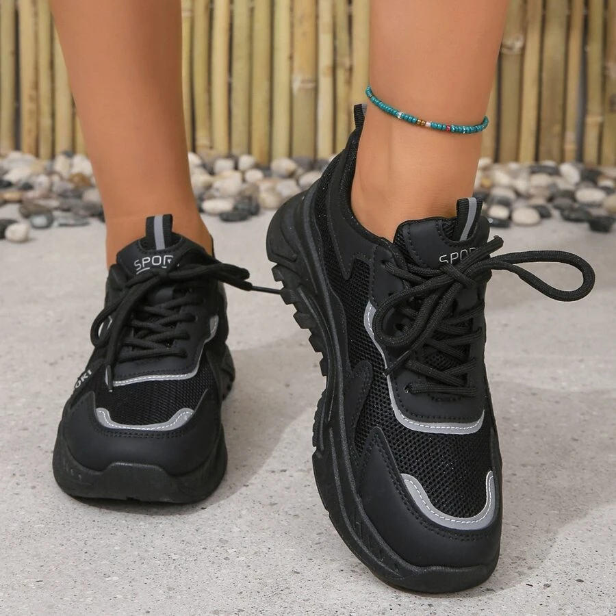 2023夏季透氣爸爸鞋適合女士,休閒風格運動老爹鞋帶厚 - 黑色 - 查看 1