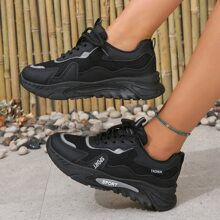 2023夏季透氣爸爸鞋適合女士,休閒風格運動老爹鞋帶厚 - 黑色 - 查看 3