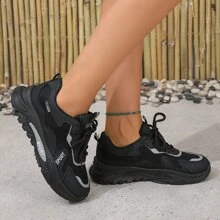 2023夏季透氣爸爸鞋適合女士,休閒風格運動老爹鞋帶厚 - 黑色 - 查看 4