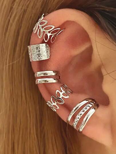 5 piezas de mujeres en forma de hoja traspasado falso Cuff de oreja Pendientes plata Set joya