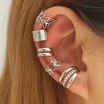 5 Stück/Set Blatt-förmiger Clip-On Ohrringe Schmuckset für Frauen, Silberfarben