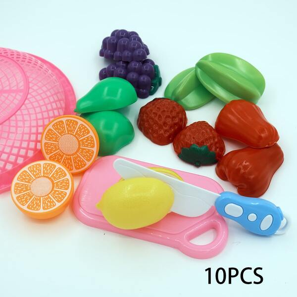 1set 10pcs Simulation Fruit Cutting Play Set With Basket For Kids Pretend Kitchen Toy