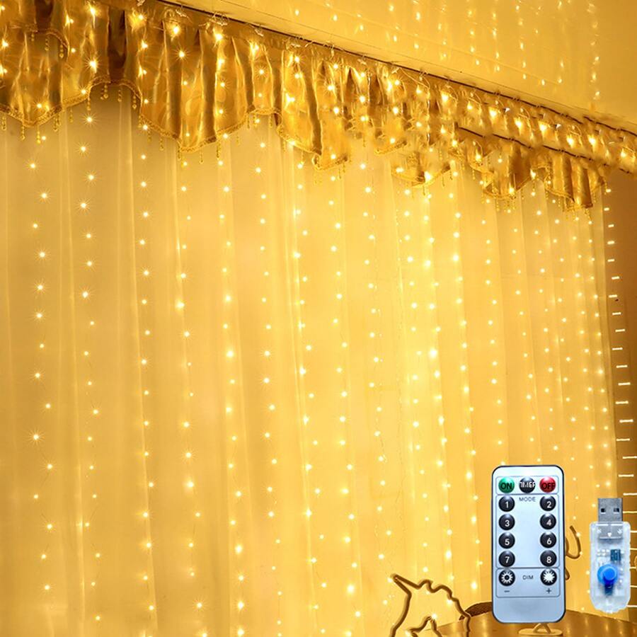 3 x 3M LED Curtain String Light With Hook, Remote Control Decorative String Light - Yellow - View 1