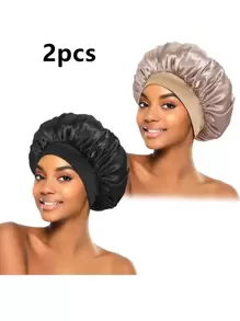 2Pcs Silk Bonnet For Sleeping, Satin Hair Bonnets, Soft Elastic Band Silk Sleep Cap, Silk Hair Wrap For Curly Hair (Black Gold), Bonnet, Shower Cap, Hair Products And Accessories For Barber Salon Beauty Travel Essentials,Back To School,Travel Holiday Essentials,Hair Accessories For Women - Multicolor - View 1