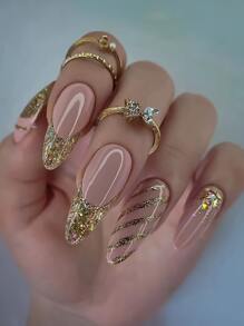 Biến hình Của bạn Móng tay Với 24 cái Dài Hạnh nhân Phong cách Pháp Màu hồng Vàng Màu sắc Long lanh Sọc Hoàn hảo Phù hợp Móng tay giả Bộ Đối với phụ nữ & Cô gái - Vàng - Xem 1