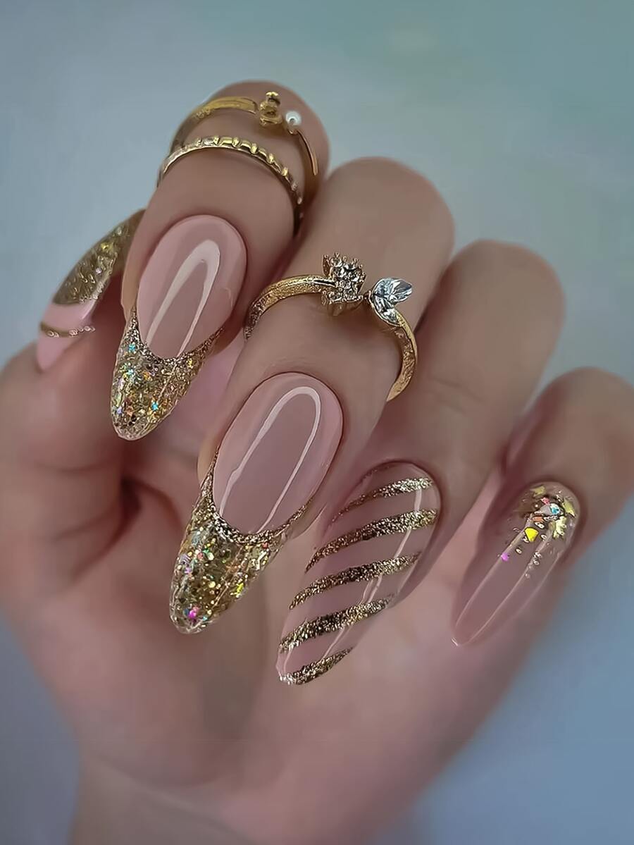 Biến hình Của bạn Móng tay Với 24 cái Dài Hạnh nhân Phong cách Pháp Màu hồng Vàng Màu sắc Long lanh Sọc Hoàn hảo Phù hợp Móng tay giả Bộ Đối với phụ nữ & Cô gái - Vàng - Xem 1