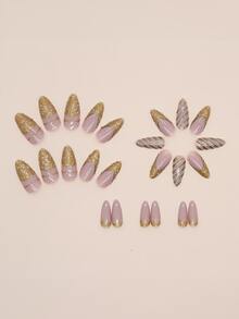 Biến hình Của bạn Móng tay Với 24 cái Dài Hạnh nhân Phong cách Pháp Màu hồng Vàng Màu sắc Long lanh Sọc Hoàn hảo Phù hợp Móng tay giả Bộ Đối với phụ nữ & Cô gái - Vàng - Xem 3