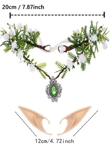 2 件套绿叶花环万圣节头饰森林仙女皇冠小精灵尖耳朵发冠摄影头饰节日角色扮演、圣诞节 - 綠色 - 查看 4
