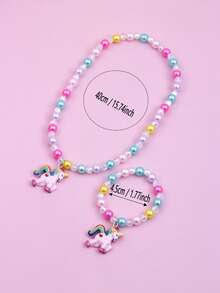 2入組手工亞克力卡通獨角獸手環和項鏈套裝帶樹脂吊墜適用於兒童 - 彩色 - 查看 3