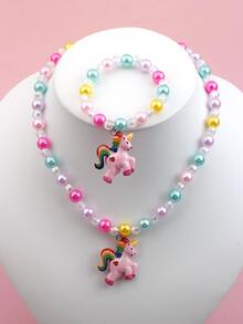 2入組手工亞克力卡通獨角獸手環和項鏈套裝帶樹脂吊墜適用於兒童 - 彩色 - 查看 2