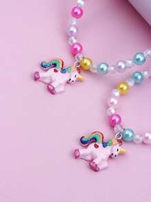 2入組手工亞克力卡通獨角獸手環和項鏈套裝帶樹脂吊墜適用於兒童 - 彩色 - 查看 5