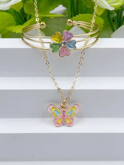 2pcs/set Fashionable Colorful Butterfly Design Oil Drop Pendant Necklace And Oil Drop Cherry Blossom Bracelet Set, Perfect As Holiday Gift