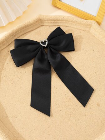 1pc Ladies' Heart Shaped Rhinestone Bowknot & Ribbon Decor Solid Black Jabot Pin Collar Shirt Accessory Valentine's Day Valentines