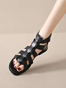 Women's Roman Sandals, Summer 2023 Version, Flat, Soft Non-slip Soles, Mother's Shoes, Low Heel, Retro Peep Toe Sandals, Large Size - Black - View 3