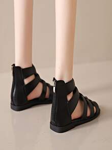 Women's Roman Sandals, Summer 2023 Version, Flat, Soft Non-slip Soles, Mother's Shoes, Low Heel, Retro Peep Toe Sandals, Large Size - Black - View 2