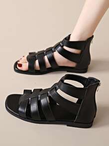 Women's Roman Sandals, Summer 2023 Version, Flat, Soft Non-slip Soles, Mother's Shoes, Low Heel, Retro Peep Toe Sandals, Large Size - Black - View 1