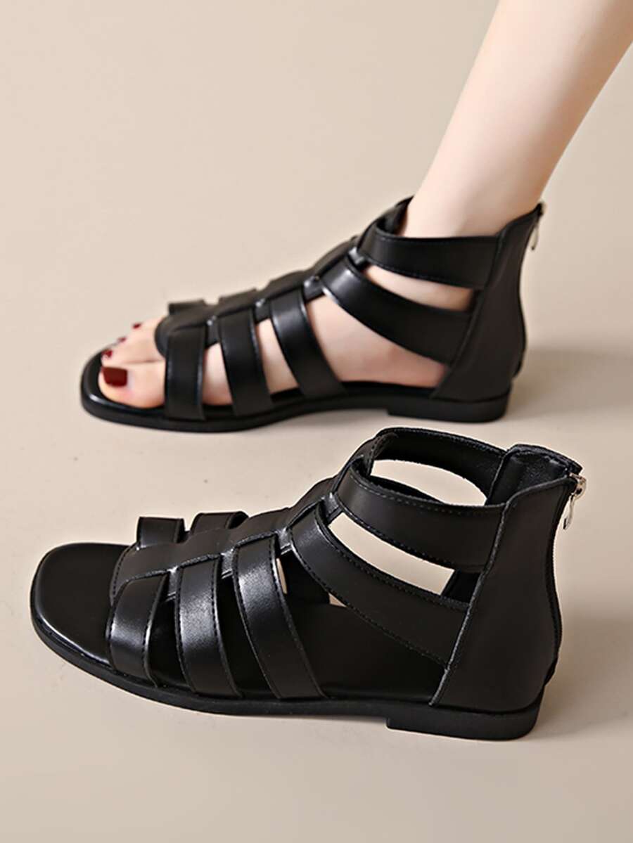 Women's Roman Sandals, Summer 2023 Version, Flat, Soft Non-slip Soles, Mother's Shoes, Low Heel, Retro Peep Toe Sandals, Large Size - Black - View 1