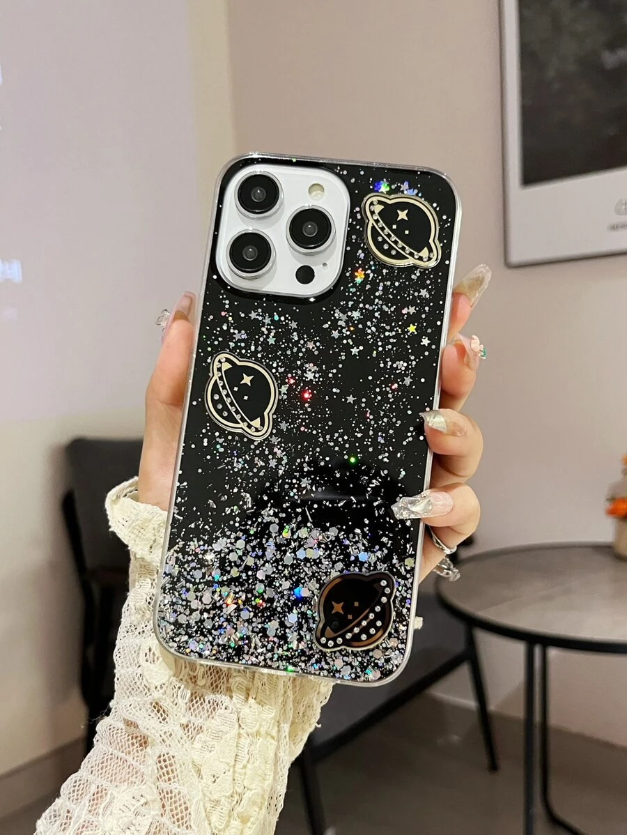 Planet Pattern Glitter Phone Case - Black - View 1